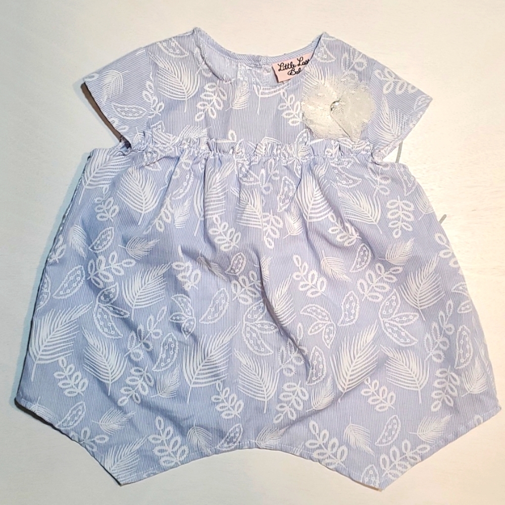 Little Lass Baby Blue Leaf Print Cap Sleeve Shirt with Floral/Jewel Detail, 24m